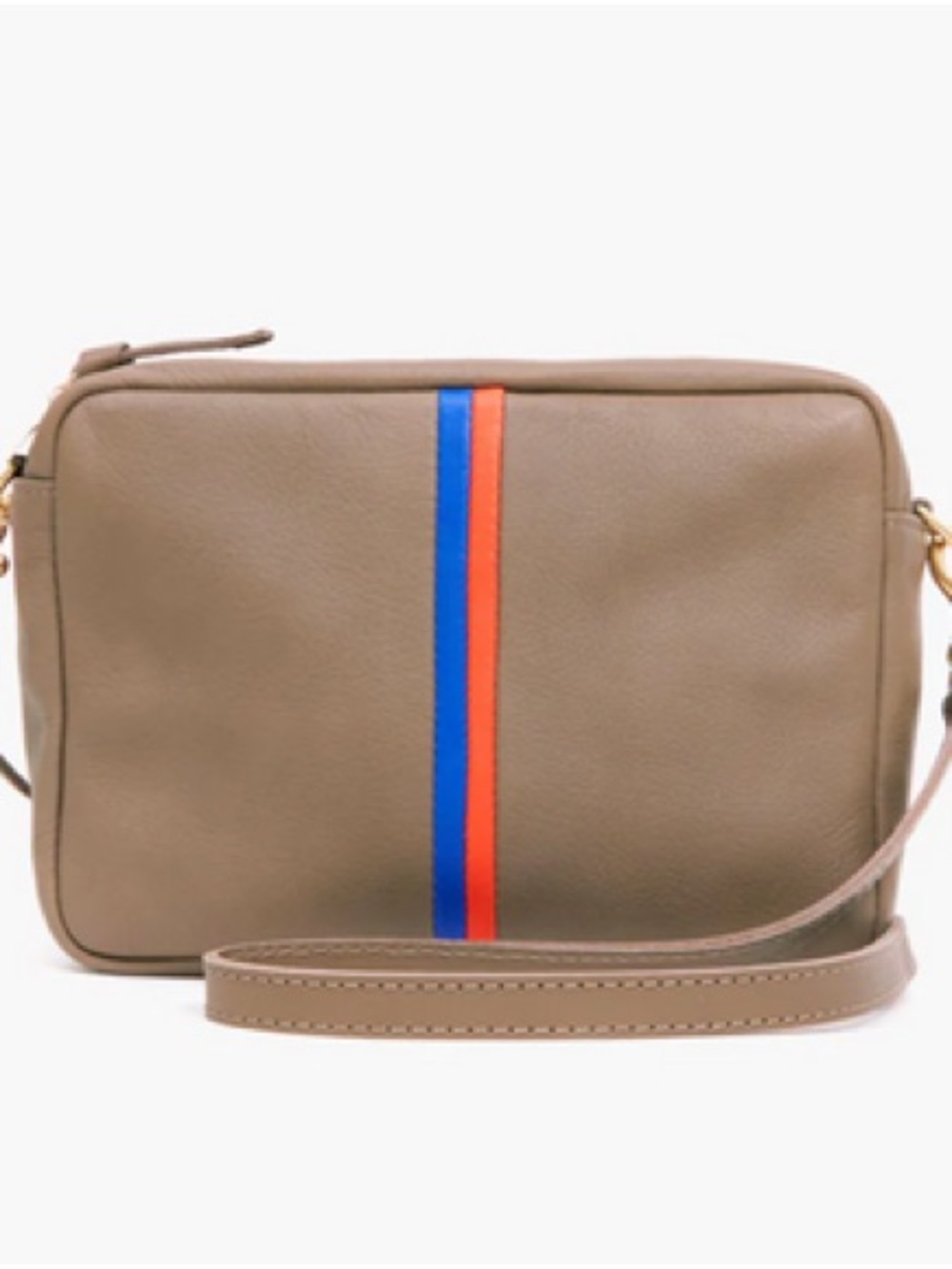 CLARE V. TAUPE STRIPE LEATHER MIDI SAC CROSSBODY BAG